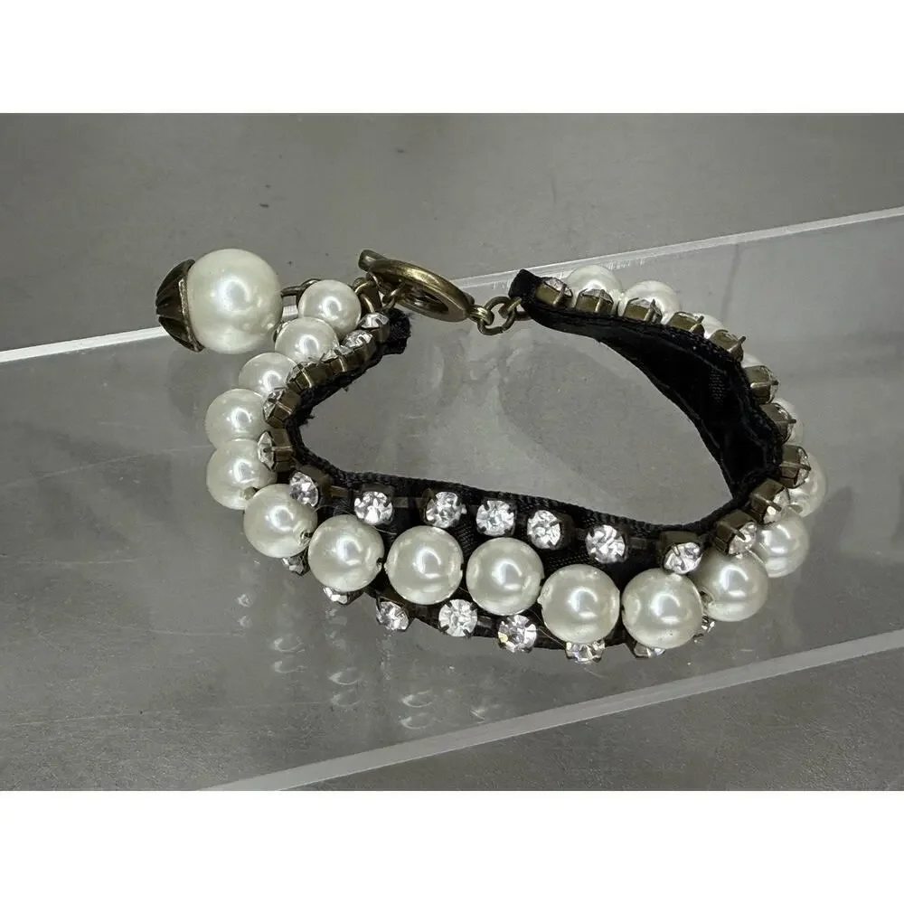 Chicos Large Pearl Silver Tone Bracelet Rhinestones Black Toggle